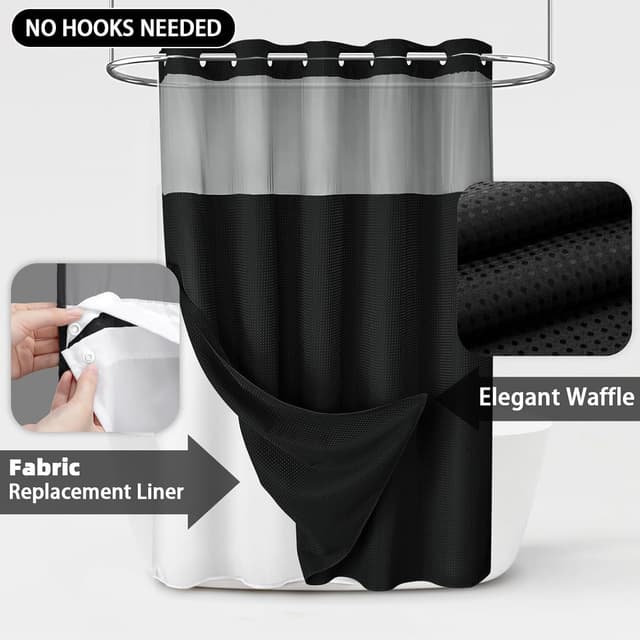 Detalle de XOGUIBO No Hook Shower Curtain and Liner Set (Black Waffle, 75" x 72")