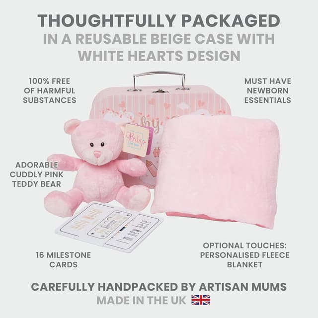 Detalle 2 de Baby Box Shop Newborn Baby Gift Set: Pink Teddy Hamper with Milestone Cards & Fleece Blanket