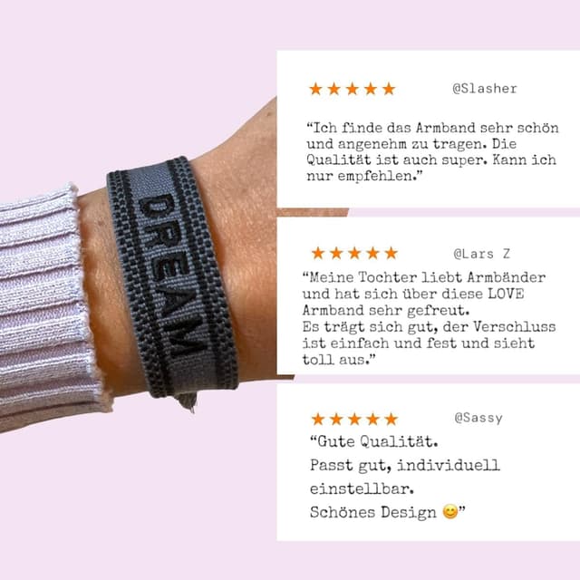 Detalle 2 de Selfmade Jewelry Stoff-Armband schwarz mit „Love“-Detail – gewebtes Armband für Damen