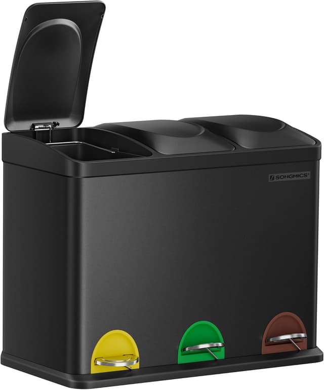 Detalle de SONGMICS LTB45B Cestino da cucina triplo a pedale in metallo 45 L (3 x 15 L) con coperchio