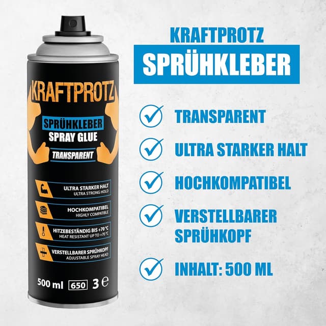 Detalle 2 de KRAFTPROTZ Sprühkleber extra stark 500 ml – transparent, hitzebeständig bis +70 °C