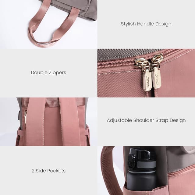 Detalle de LOVEVOOK Damen Klein-Rucksack im City-Format mit 3 Fächern, wasserdicht – grau-rosa