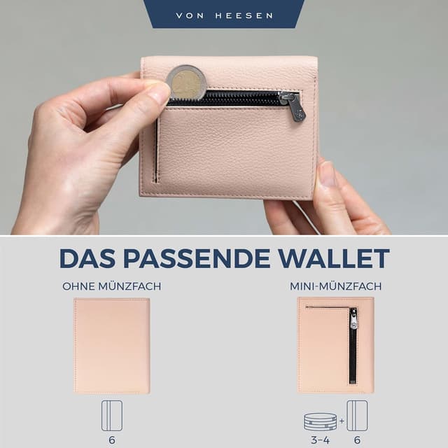 Detalle 2 de VON HEESEN Herren- & Damen-Leder-Geldbörse mit Münzfach und RFID-Schutz (Rose)