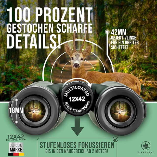 Detalle 2 de Birkental Fernglas für Erwachsene 12x42 inkl. Zubehör – wasserdicht, leicht & kompakt (grün)