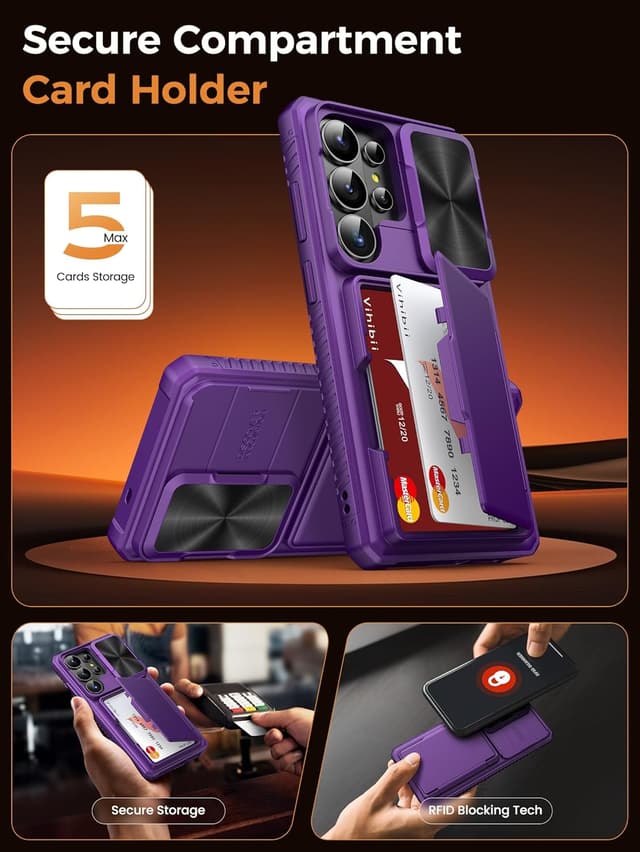 Detalle de Vihibii Galaxy S26 Ultra case wallet with RFID card holder (up to 4/5 cards) and slide camera lens cover, Dark Purple