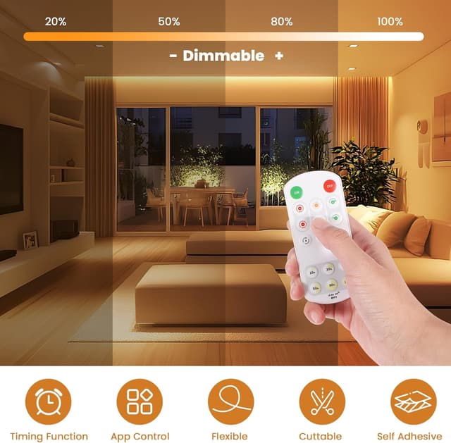 Detalle de ACELUO Smart App COB LED Streifen Warmweiß (dimmbar, Timer), 8 mm, 5 m – 3000K für Küche, Schlafzimmer & Wohnzimmer