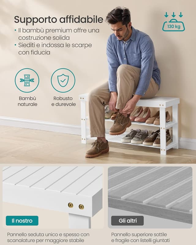 Detalle 2 de SONGMICS Panca portascarpe in bambù 3 livelli 130 kg
