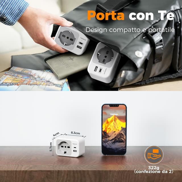 Detalle 2 de TESSAN Adattatore presa Inglese a spina Italiana Pack da 2 (Tipo G) con USB-C e USB-A, 5 in 1