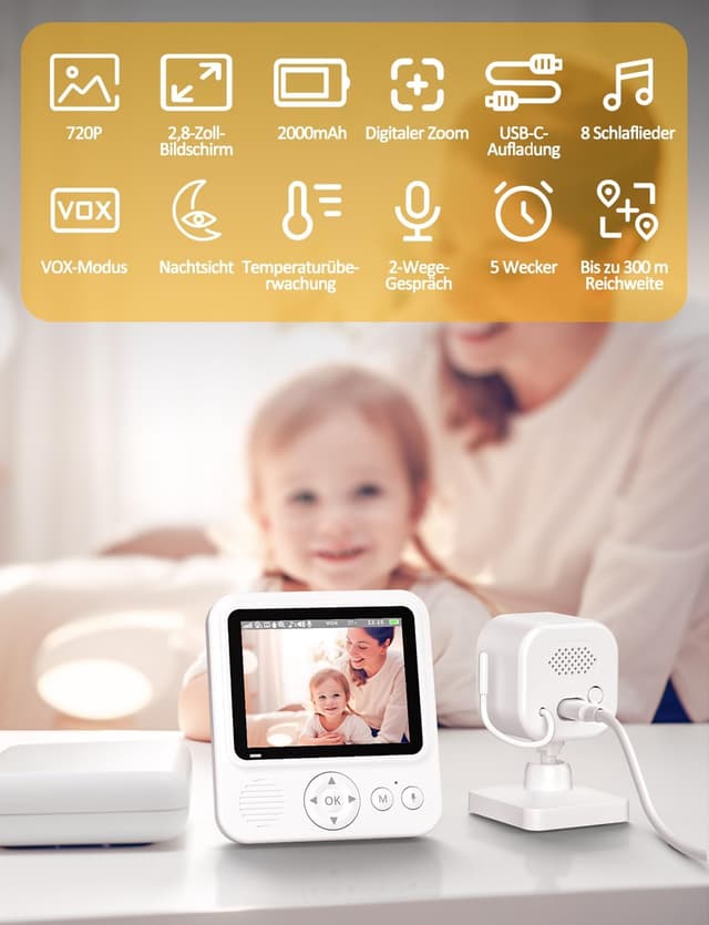 Detalle de BURNNOVE Babyphone mit Kamera (720P IPS) ohne WLAN – 2,8-Zoll-Display, Nachtsicht & VOX-Modus