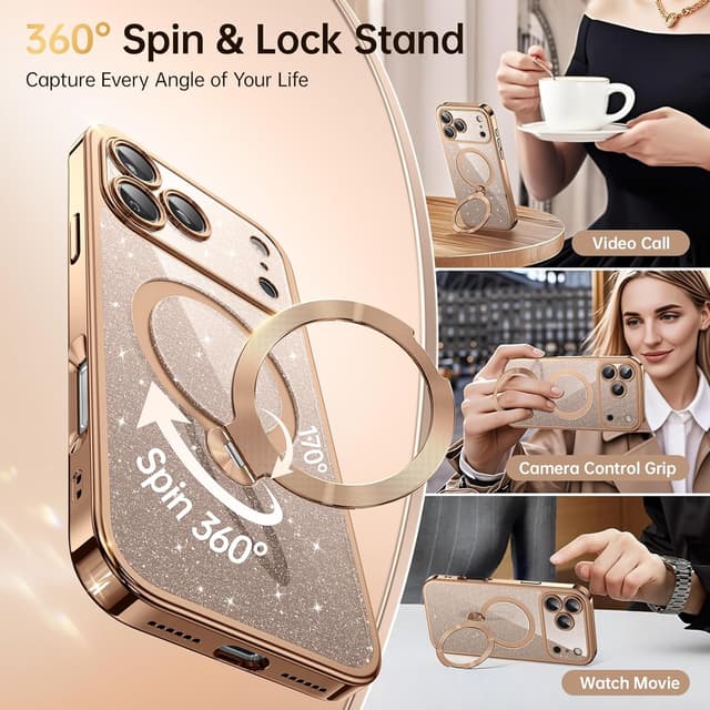 Detalle de 360° Spin CD Stand Phone Case for iPhone 17 Pro with MagSafe Ring (Never Yellow) — Desert Titanium