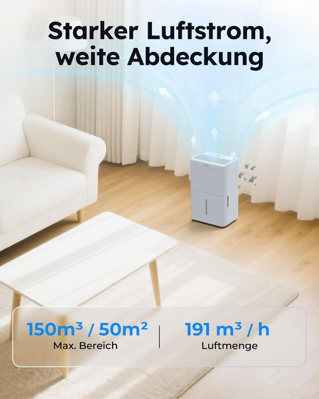 Detalle de Kresico Luftentfeuchter elektrisch 20L/24h (39 dB) für ca. 150 m³/50 m², mit Ablaufschlauch & Timer, R290