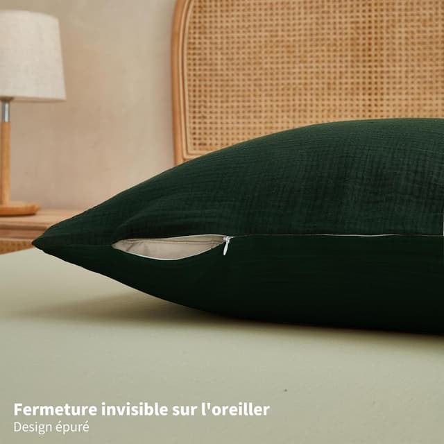 Thumbnail 6 de YASMENG Parure de lit double en gaze de coton 220x240 vert foncé (housse de couette + taie 65x65 cm)