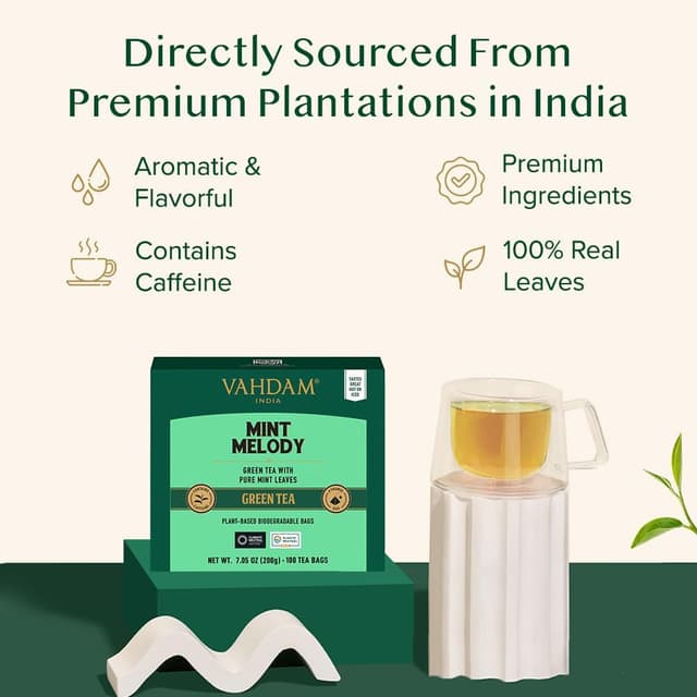 Detalle de VAHDAM Mint Melody Té Verde 🌿 100 Bolsitas de Menta Natural