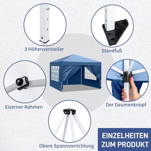 Detalle de LEADZM Pop-up Faltpavillon 3x3 m mit UV-Schutz 50+ und höhenverstellbarem Stahlrahmen