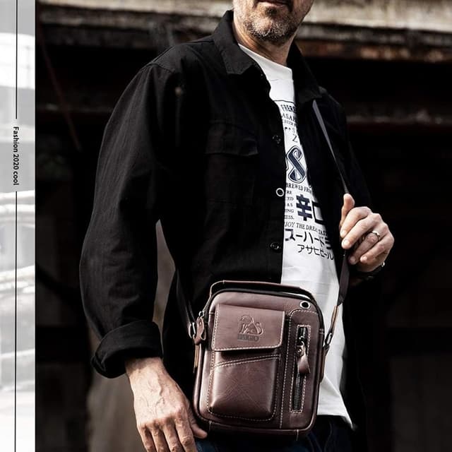 Detalle de BAIGIO men’s vintage leather shoulder bag (crossbody messenger) with adjustable strap