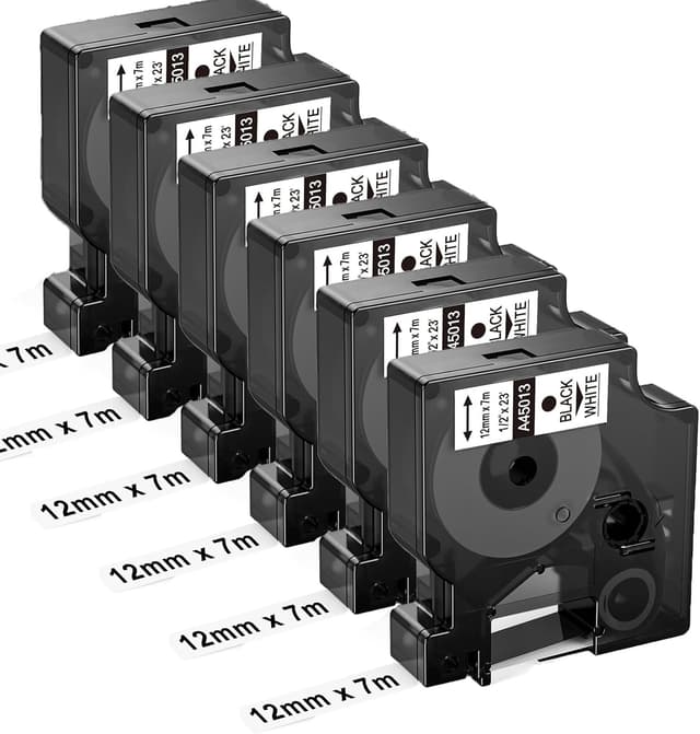 Detalle de 6er-Set Upwinning Dymo D1 Etikettenband 12 mm x 7 m weiß (kompatibel, A45013/45013)