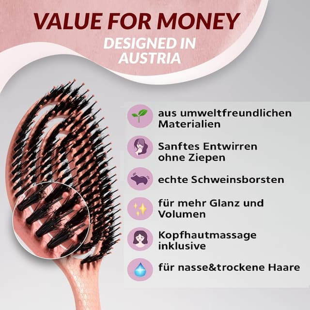 Detalle de Bio Haarbürste mit Wildschweinborsten (Coral) – Entwirrbürste ohne Ziepen mit Spirale