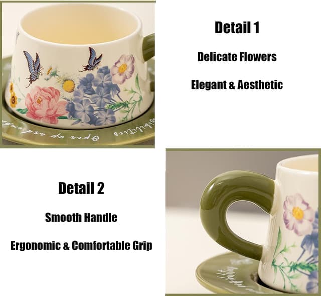 Detalle 2 de ENSFTF coffee cup and saucer set (300ml) with green butterfly & flower pattern