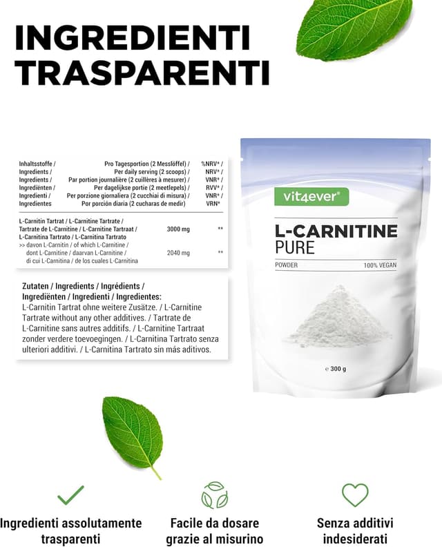 Detalle de L-Carnitine Pure 300 g in polvere (L-Carnitina Tartrato) – 100 porzioni da 3 g, 100% vegano