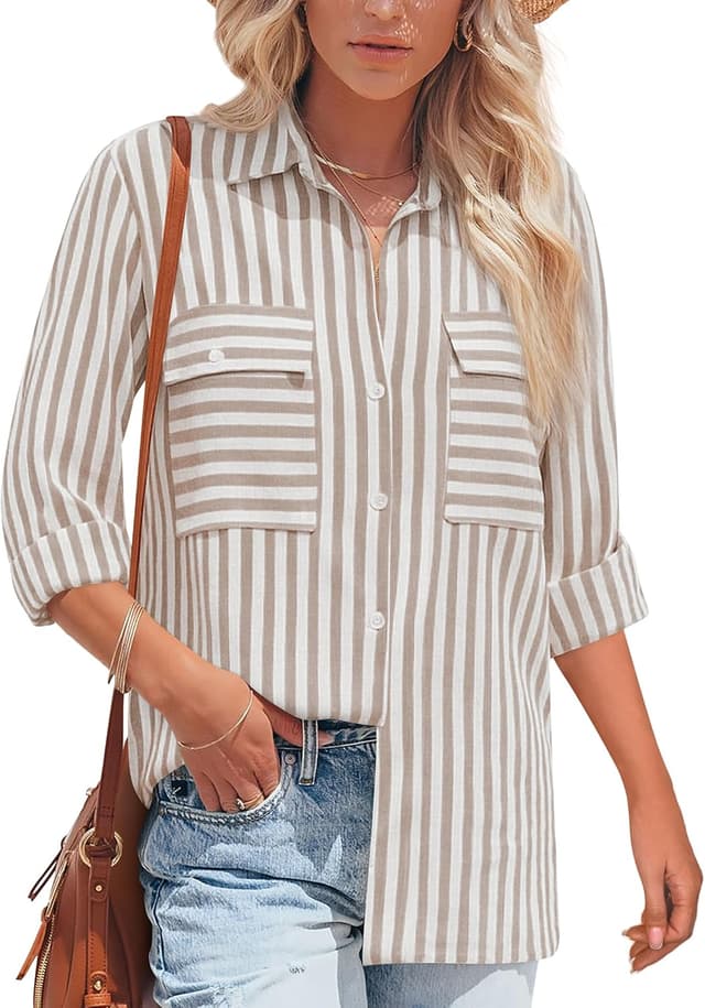 Thumbnail 6 de NONSAR chemisier à manches longues rayé en coton et rayonne pour femme, col en V boutonné