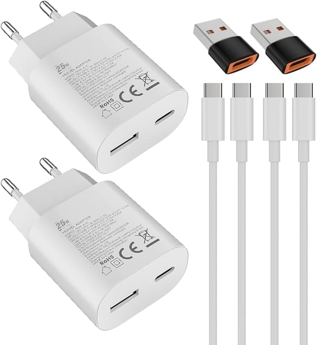 Detalle de Caricabatterie USB-C 25W doppia porta con USB-A 15W Samneer (adattatore doppio + cavi)