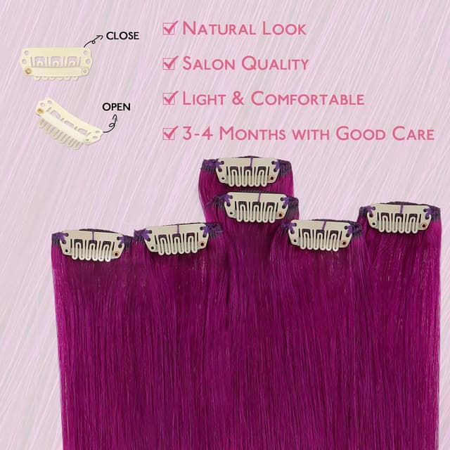 Detalle 2 de WENNALIFE Violett Clip-in Extensions Echthaar (50 cm, 6 Stück/30 g) – Remy-Haar mit Clip-Technik