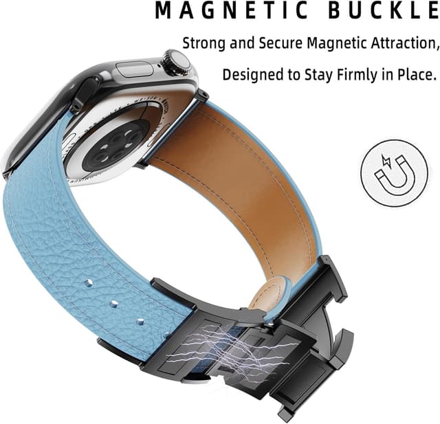 Detalle de Leather Watch Band with Magnetic Buckle for Apple Watch (Ultra/Series/SE) – natural cowhide replacement strap