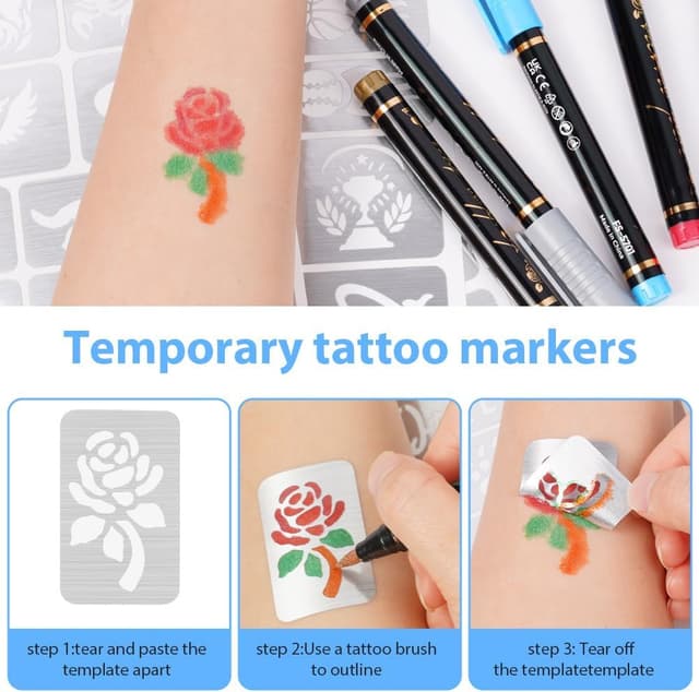 Detalle de AYBUY Set di penne per tatuaggi temporanei con stencil (10 penne, 162 modelli) per Natale, Carnevale e Halloween