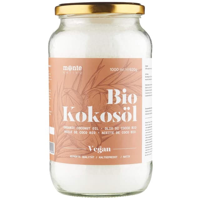 Detalle de MonteNativo Bio Kokosöl – nativ, 1. Kaltpressung, Rohkostqualität (6 x 1000 ml Schraubgläser) für Kochen, Braten, Backen sowie Haut & Haare
