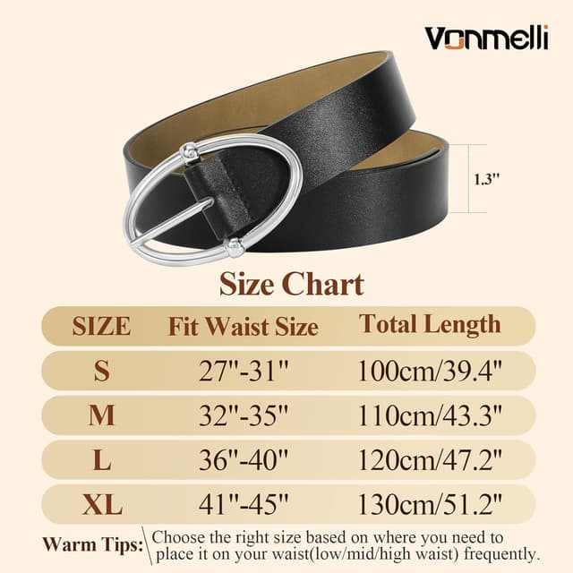 Detalle de VONMELLI women’s PU leather jeans belt with oval silver or gold-tone buckle