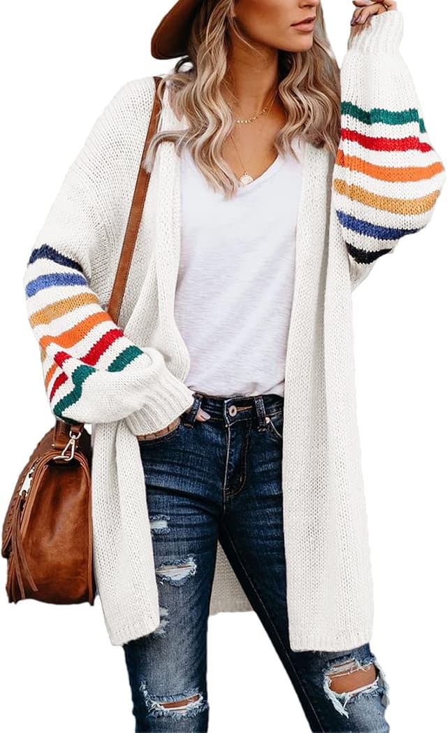 Thumbnail 6 de AlvaQ Women’s Longline Open-Front Rainbow Striped Cardigan (S–XXL) – Lightweight Knit Coat Jacket
