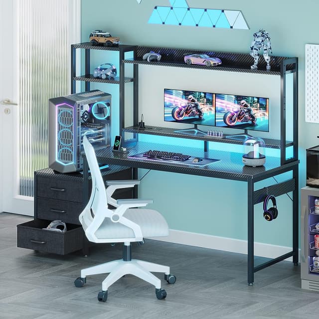 Thumbnail 6 de Coleshome Scrivania Gaming con libreria e cassetti, LED e presa di corrente, 137×48 cm (nero fibra di carbonio)