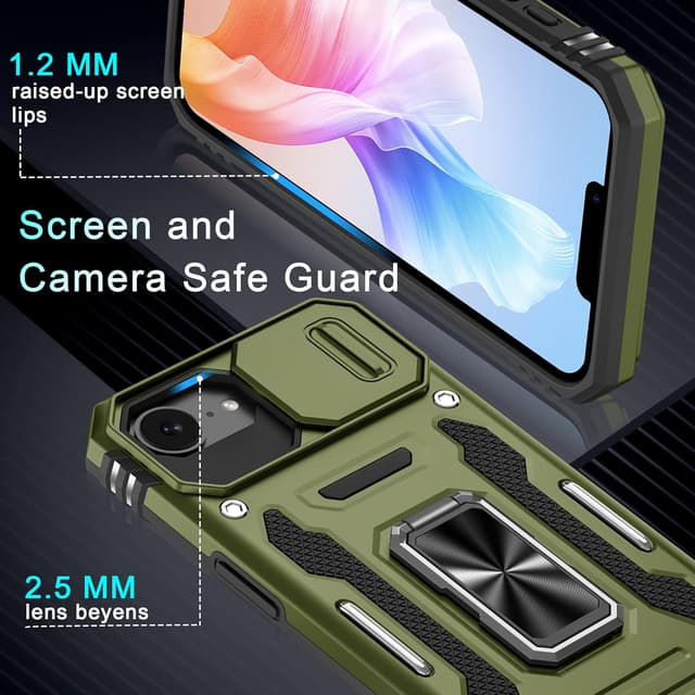 Detalle 1 de DEERLAMN Case for iPhone 17e / iPhone 16e 6.1-inch with Slide Camera Cover, Rotated Ring Kickstand (2-Pack Screen Protectors) - Olive Green