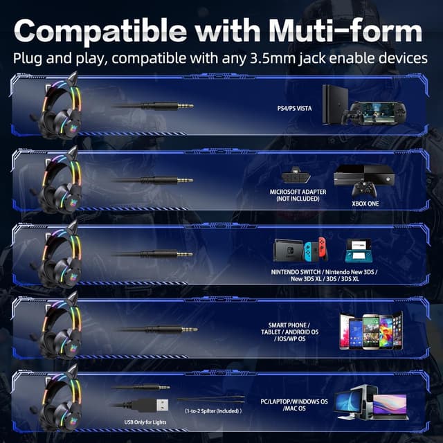 Thumbnail 6 de ONITOON gaming headset with removable cat ears, RGB backlight & microphone for PC, PS4/PS5, Switch and more