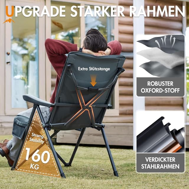 Detalle de Portal faltbarer Campingstuhl mit 3-fach verstellbarer Rückenlehne (bis 160 kg), hohe Lehne & Getränkehalter