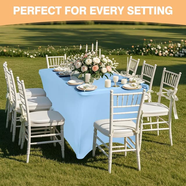Detalle de 2 Pack 6-Foot Light Blue Spandex Tablecloth (Rectangular Tables) — Fitted Stretch, Wrinkle-Resistant, Washable