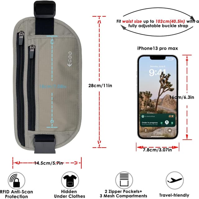 Detalle 2 de Egoo Ultralight RFID Money Belt with Adjustable Elastic Strap (Grey) + 3 RFID Card Protector Sleeves