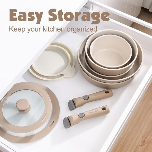 Detalle de SENSARTE 17-piece ceramic nonstick cookware set with detachable handle (Almond Beige)