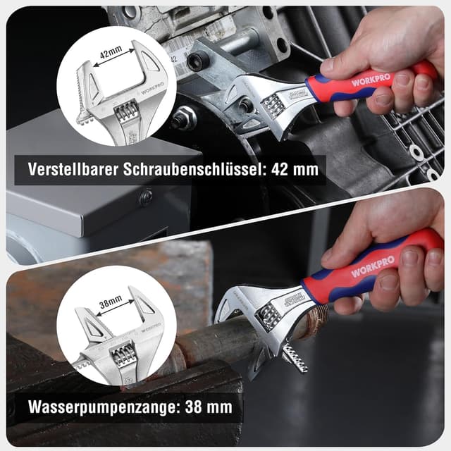 Detalle de WORKPRO 2-in-1 verstellbarer Schraubenschlüssel & Rohrzange/Rollgabelschlüssel (Chrom-Vanadium), 200 mm, max. 42 mm Maulweite