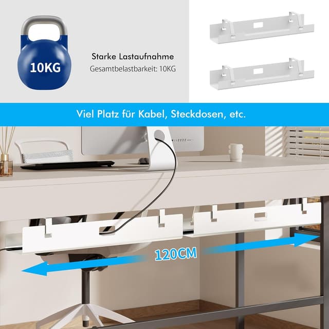 Detalle de Mimoke Kabelmanagement Tray 2er-Set 120 cm (2×60 cm) Stahl – Untertisch-Kabelschale für Schreibtisch, Steckdosenleiste (Weiß)