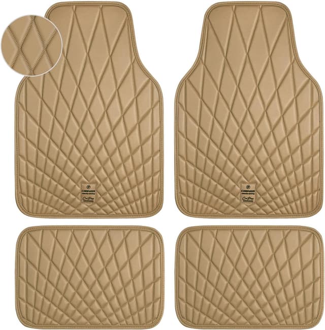 Detalle de CAR PASS Luxury Faux Leather Floor Mats (Waterproof, Anti-Slip) — Universal Fit Full Set, 4-Piece Beige