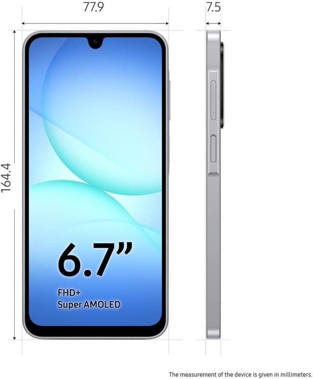 Detalle de Samsung Galaxy A17 5G (AI) smartphone — 7.5mm slim frame, 50MP camera, 128GB/4GB, 5,000mAh, grey (UK version)