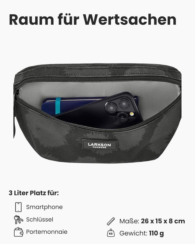 Detalle 2 de LARKSON Finn Bauchtasche für Damen & Herren grau Leo – Hüfttasche, Crossbody & Gürteltasche, wasserabweisend