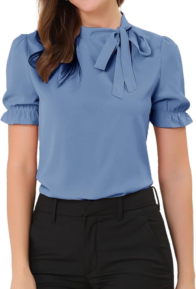 Detalle 2 de Allegra K Damen Sommerbluse im 50er-Jahre-Stil mit Schleife – kurzarm, Rüschen & Fliegenkragen