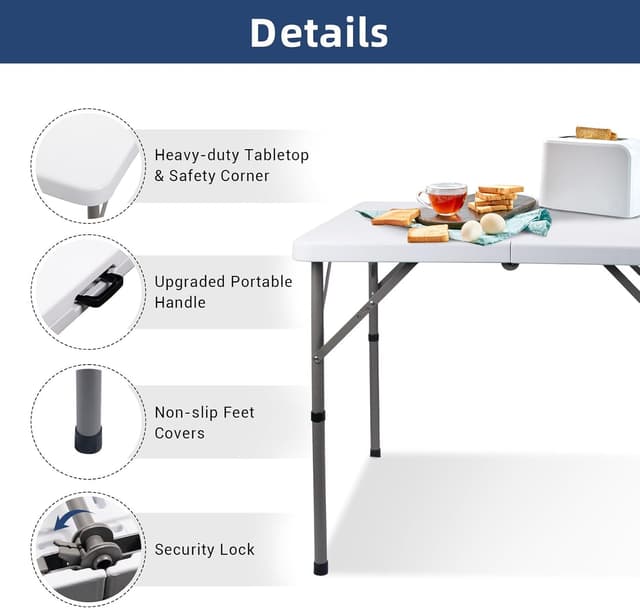 Detalle de Byliable 34" Square Folding Card Table (Fold-in-Half) — HDPE Plastic Portable Dining Table for Indoor/Outdoor Use