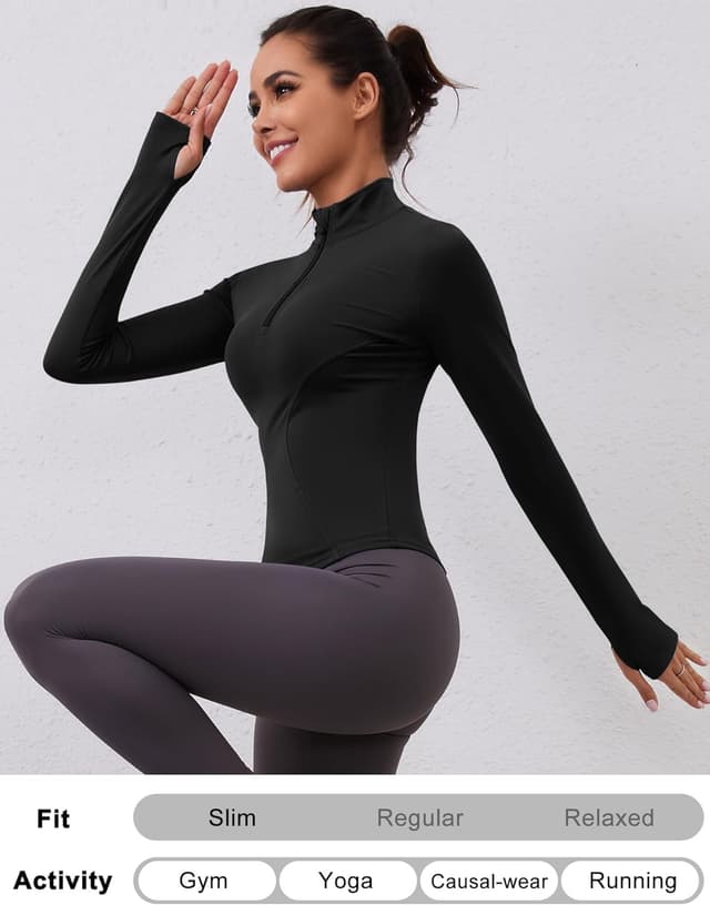 Detalle de Rapbin Women’s Long Sleeve Gym Top with 1/4 Zip and Thumb Holes