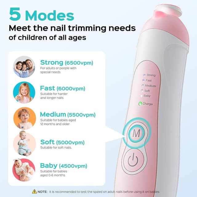 Detalle de COSLUS C52 Rechargeable Baby Nail File (Cordless) with 5 Speeds, 6 Grinding Heads & LED Light - Pink