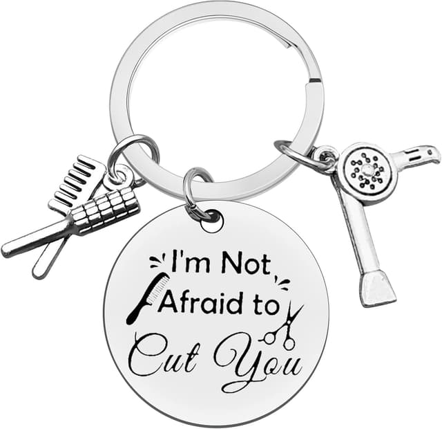 Detalle de Ximalun Hairdresser Keyring – engraved hair stylist gift with “I’m Not Afraid to Cut You”