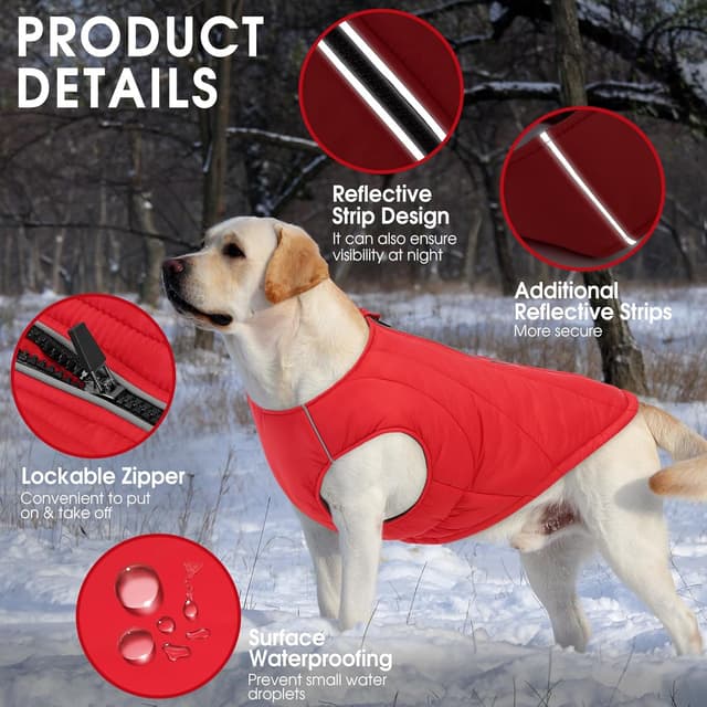 Detalle de CITÉTOILE Hundejacke wasserdichter Hundemantel mit reflektierenden Streifen, Wintermantel mit Reißverschluss (Rot, M)