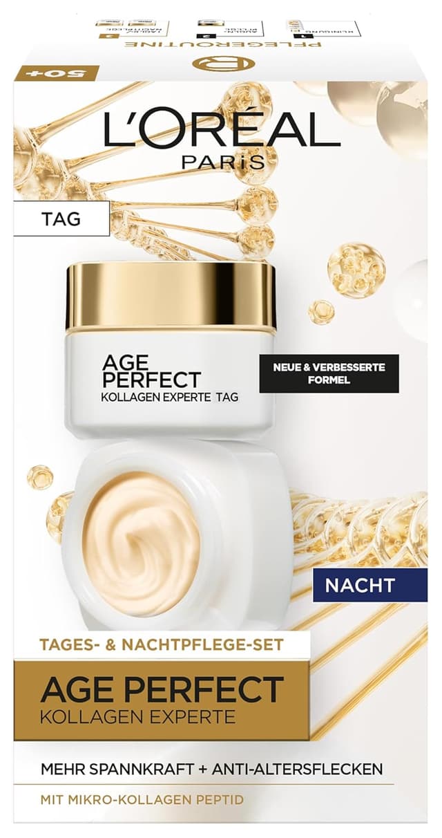 Detalle de L’Oréal Paris Age Perfect Kollagen Experte Gesichtspflegeset: Anti-Aging Tages- & Nachtcreme mit Kollagen-Peptid (2 x 50 ml)
